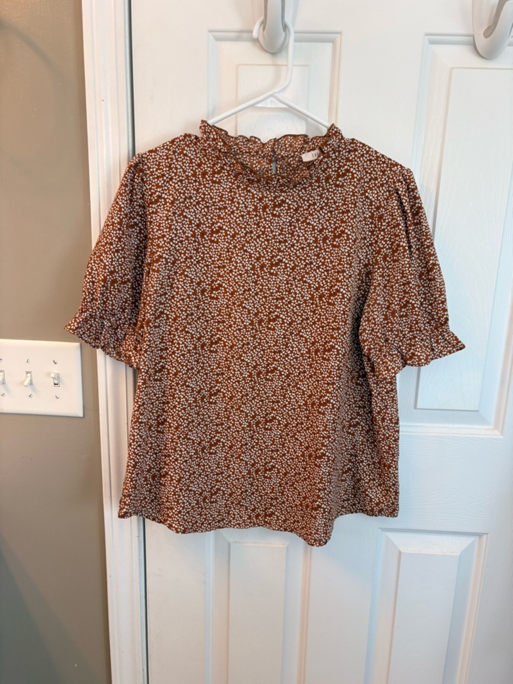 fun 2 fun Brown Floral Ruffle Neck Blouse